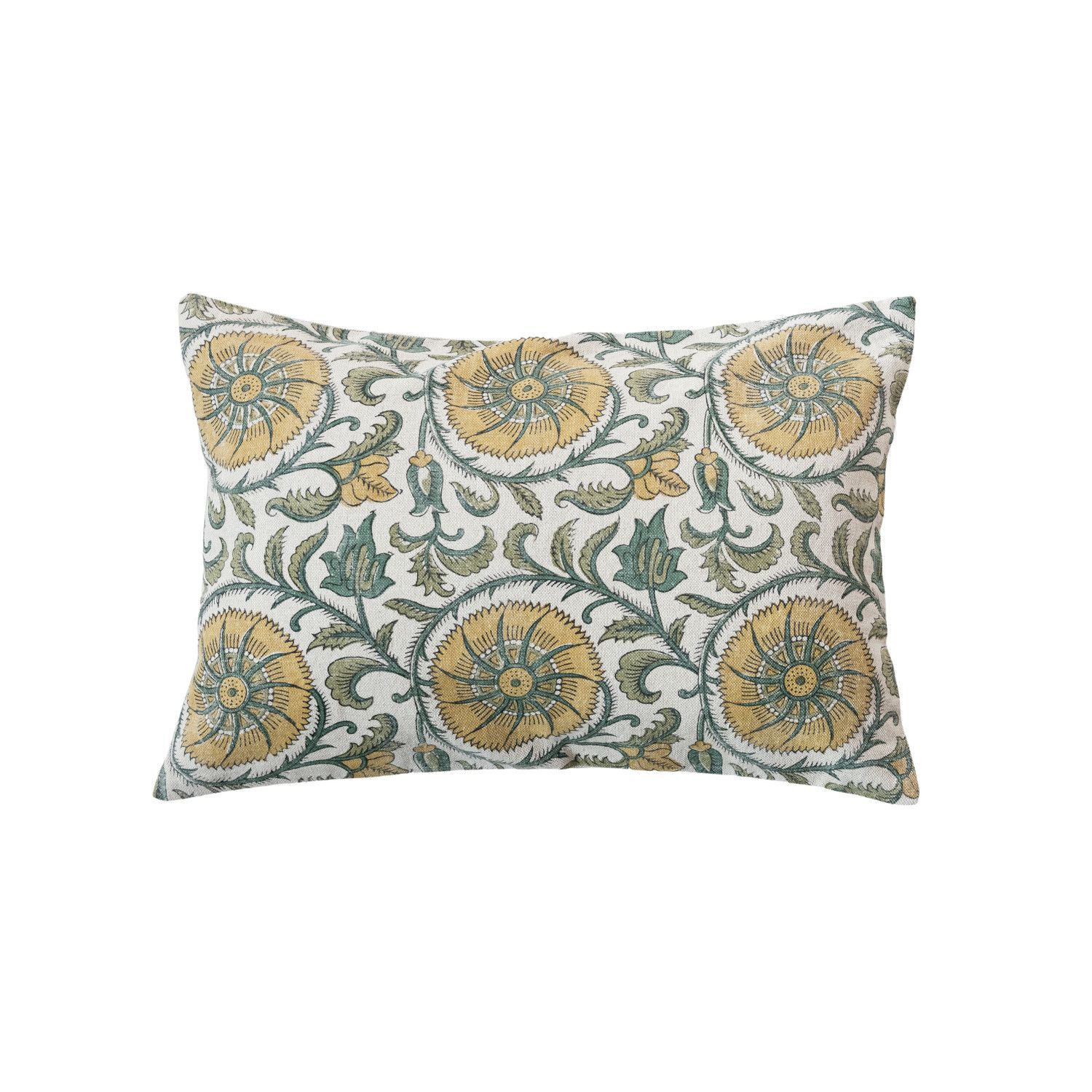 2025 AH3460 Linen &amp; Cotton Block Printed Lumbar Pillow w/ Pattern &amp; Chambray Back
