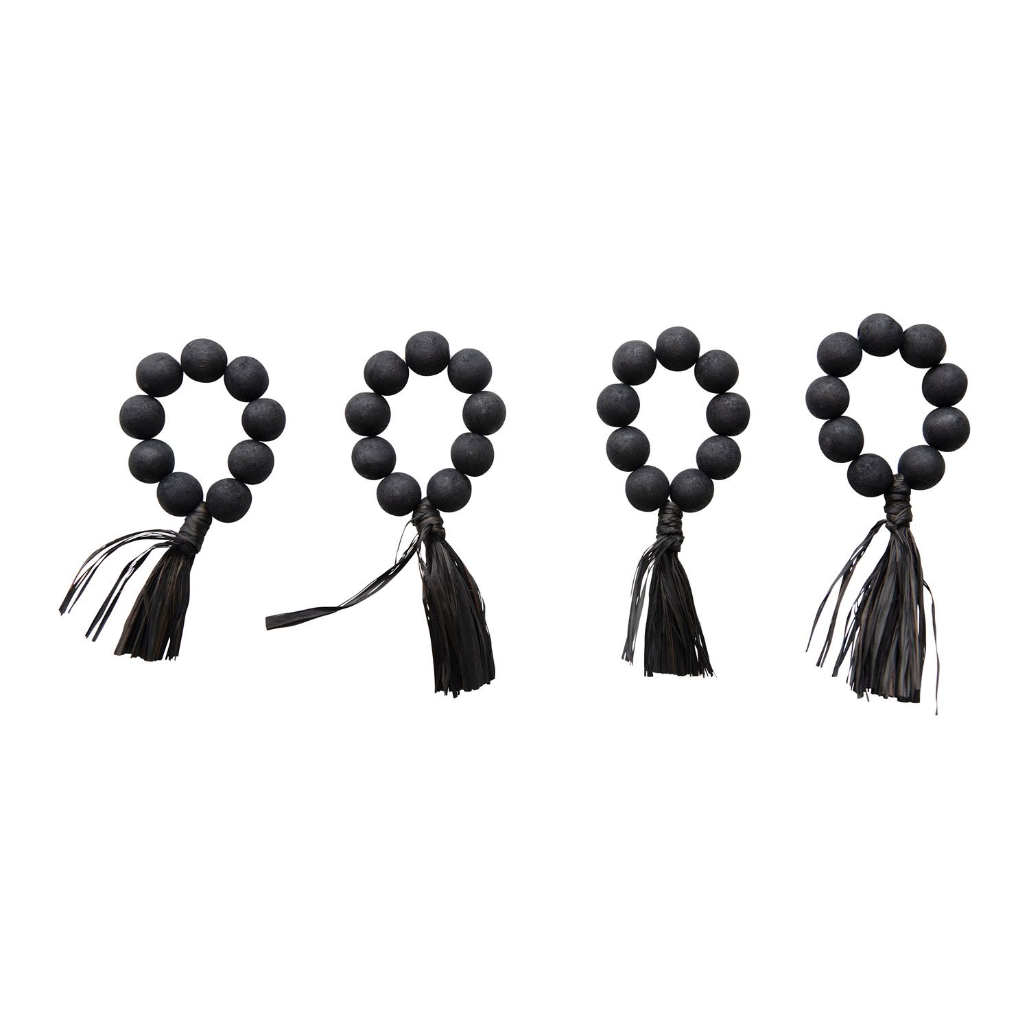 2025  DF5317 WOOD BEAD NAPKIN RINGS W/RAFFIA TASSEL BLACK