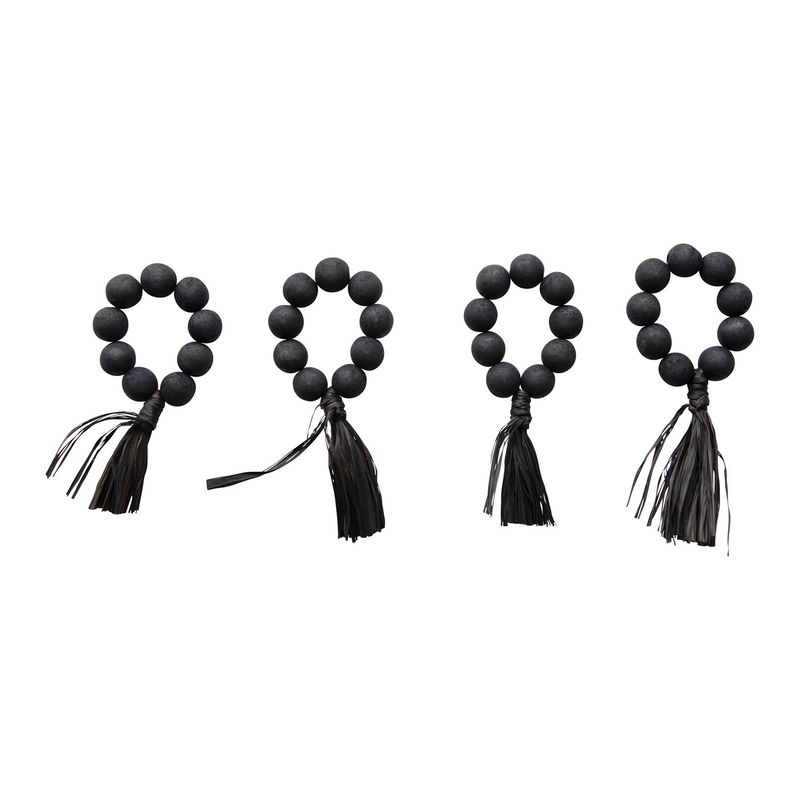 2025  DF5317 WOOD BEAD NAPKIN RINGS W/RAFFIA TASSEL BLACK