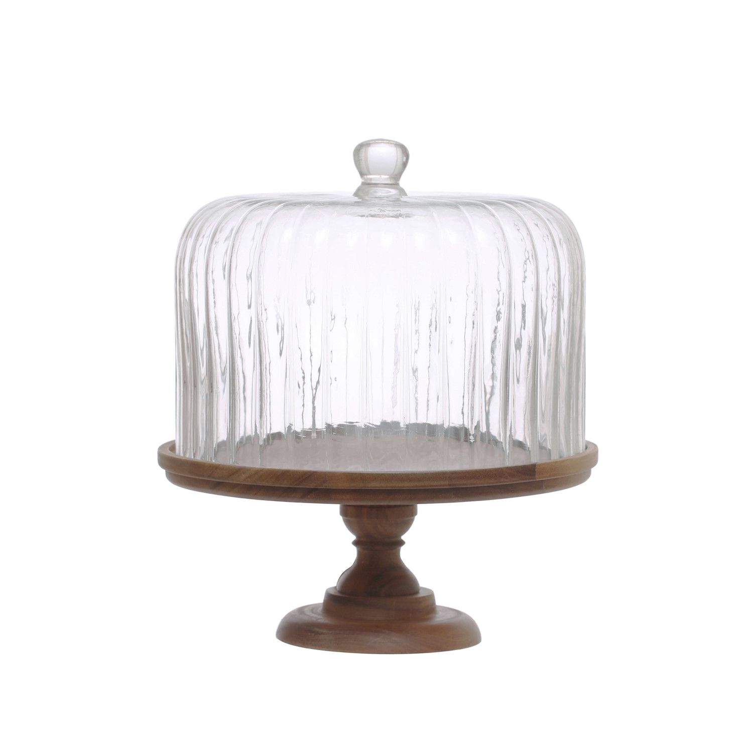 2025 DF7901 Acacia Wood Pedestal w/ Fluted Glass Cloche, Set of 2