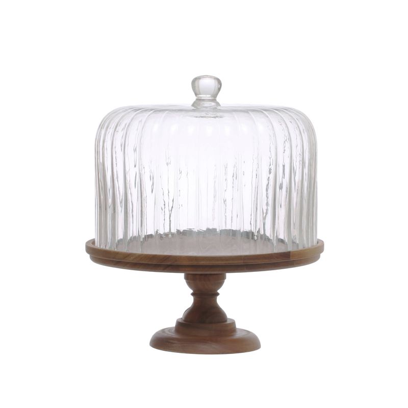 2025 DF7901 Acacia Wood Pedestal w/ Fluted Glass Cloche, Set of 2