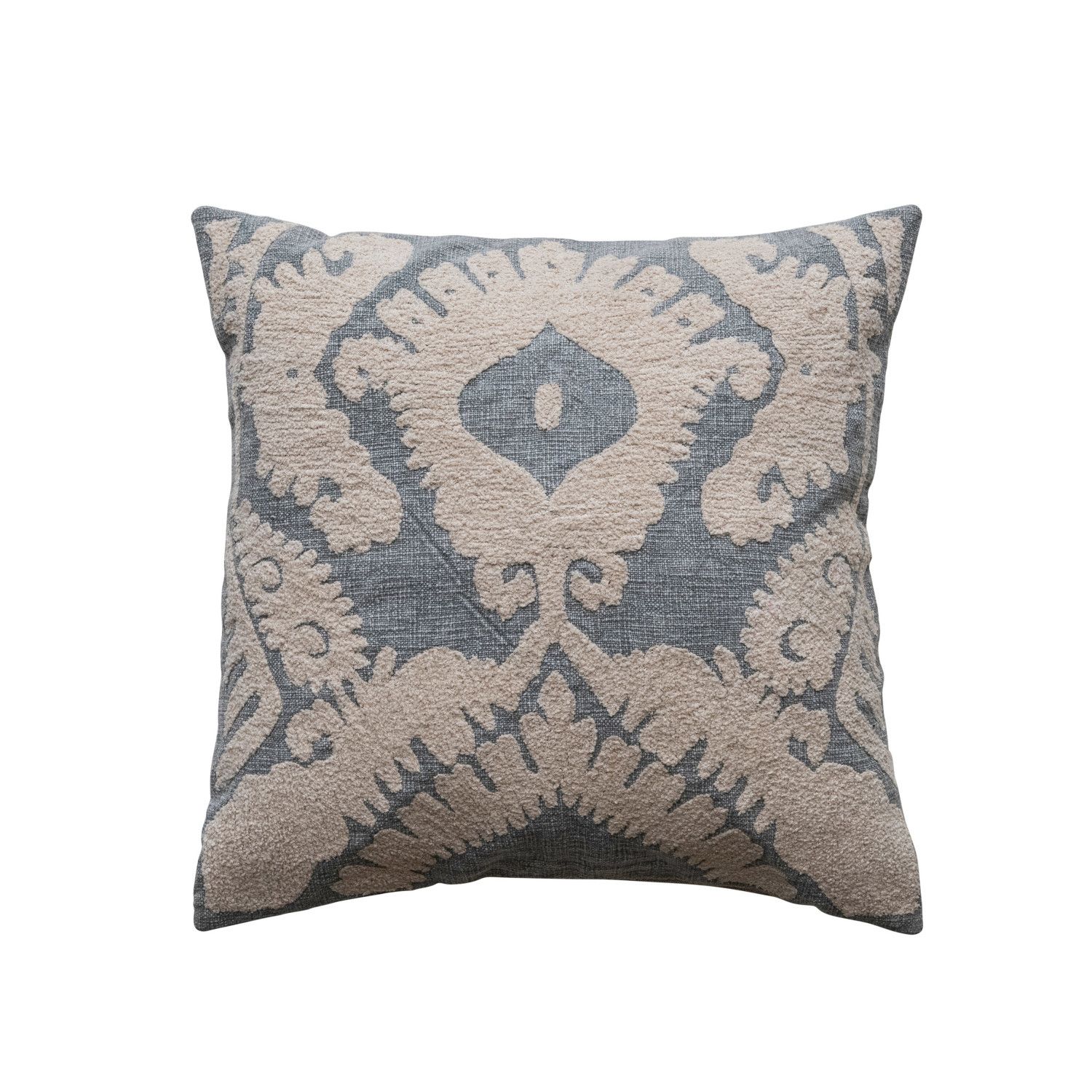 2025 DF8182 20&quot; Square Cotton Slub Tufted Pillow w/ Damask Pattern