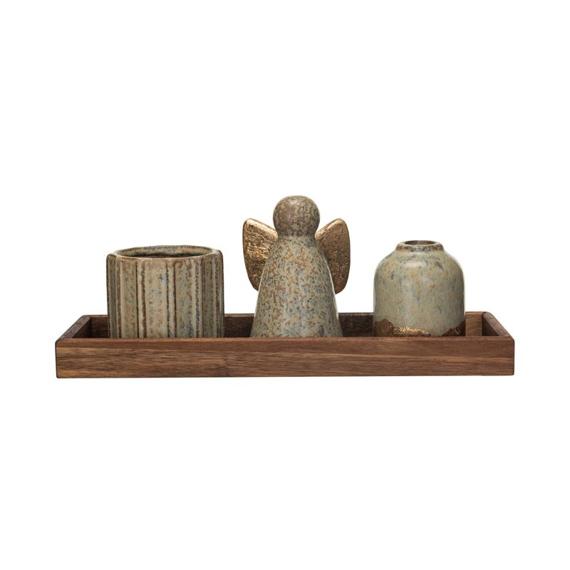 2024 XS5326  SET/4 STONEWARE PINTER, ANGEL, CANDLEHOLDER, TRAY
