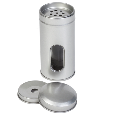 Rond kruidenblikje met strooier en venster