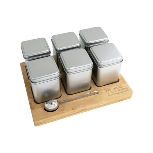 Bamboe theeplateau met 6 blikjes en maatschep, Maat: Ongevuld