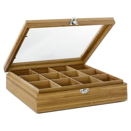 Theedoos 12 vaks Bamboe met venster, Maat: Standaard