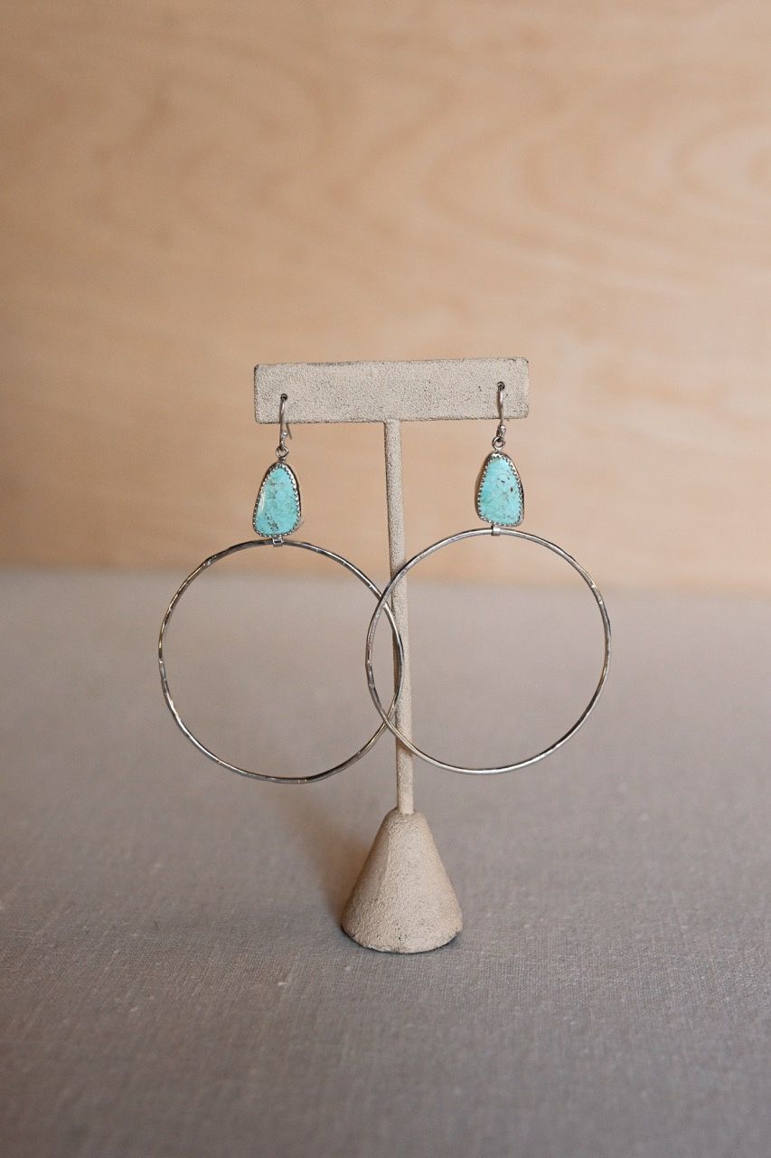 Turquoise Silver Hoop Dangles, Stone: 1