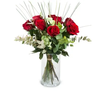 9 roses rouges avec verdure