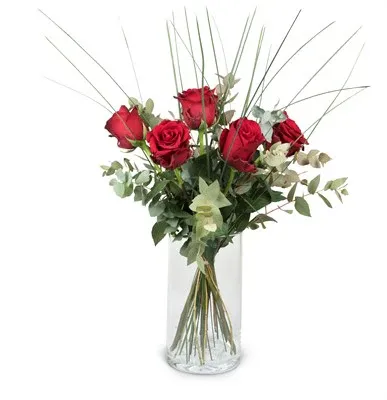5 roses rouges avec verdure