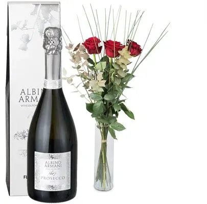 3 roses rouges avec verdure et Prosecco Albino Armani (75cl)