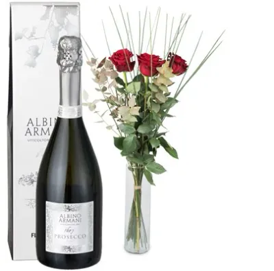 3 roses rouges avec verdure et Prosecco Albino Armani (75cl)
