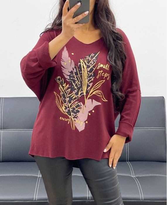 PULL LEGER FLOCAGE DORE BORDEAUX