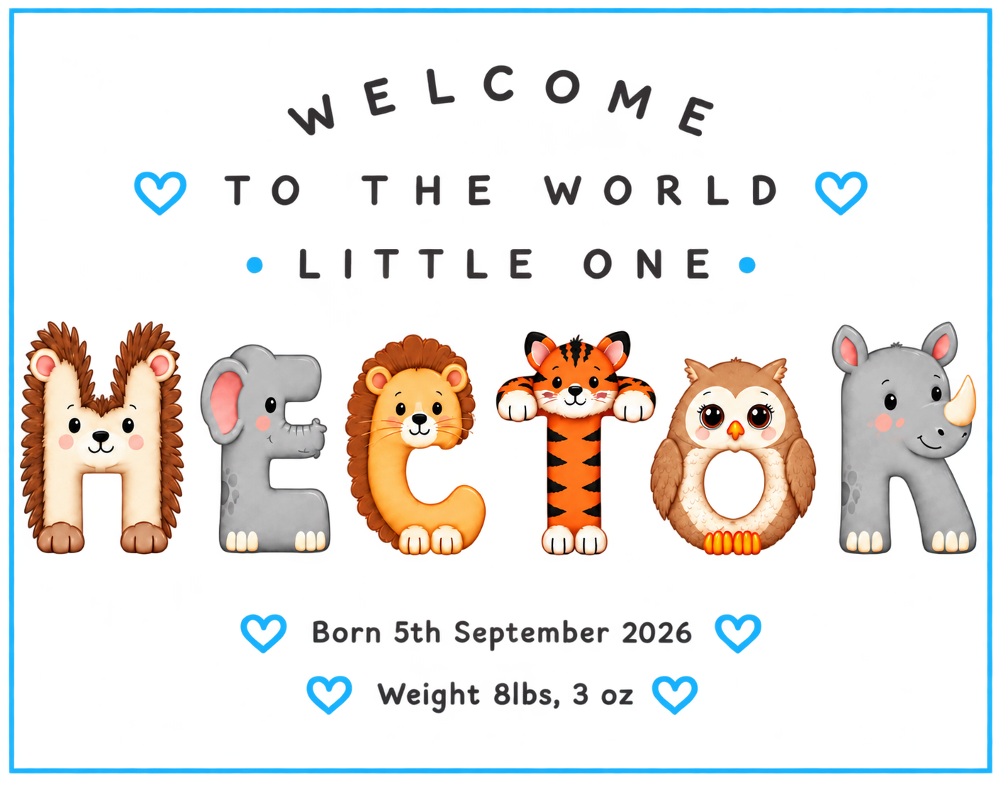 Personalised Baby Birth Keepsake — A5 &amp; A4 Raised Animal Art