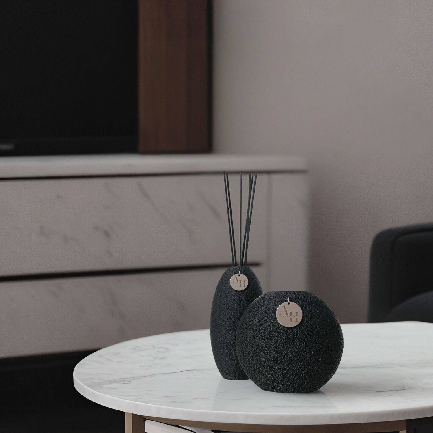 2-piece reed diffuser set ORBIS &amp; ATRIA, Size: Orbis: 12 cm &amp; Atria: 16 cm, Color: Deep Black