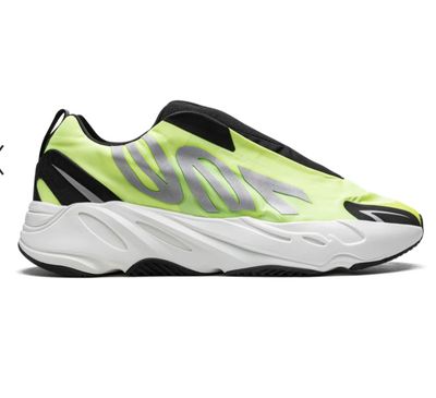 Adidas Yeezy Boost 700 MNVN Laceless &#39;Phosphor&#39; in neon yellow with reflective 700 branding and white Boost sole