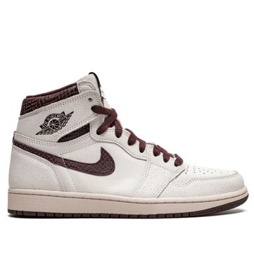 A Ma Maniére x Air Jordan 1 High OG &#39;Airness&#39; sneaker with off-white suede and burgundy snakeskin details