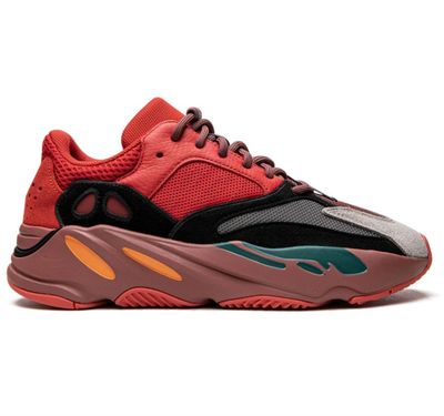 Adidas Yeezy Boost 700 &#39;Hi-Res Red&#39; sneaker with red mesh, nubuck overlays, and chunky Boost sole.
