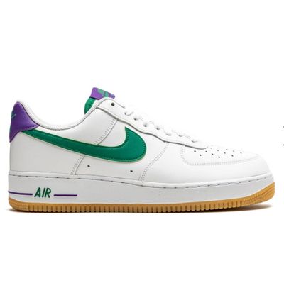 Nike Air Force 1 &#39;07 Joker sneaker with green Swoosh, purple heel tab, and gum sole