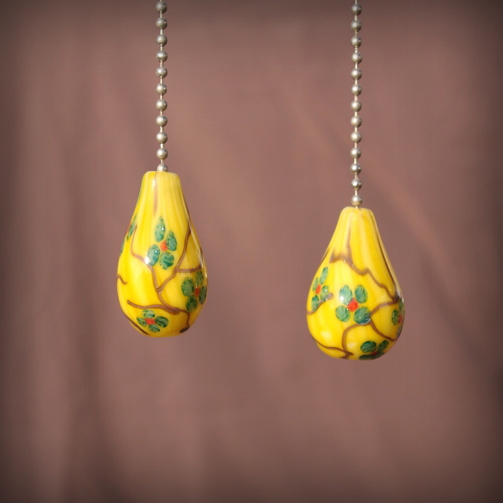 Teal and Yellow Blooming Branch Fan Pull Set