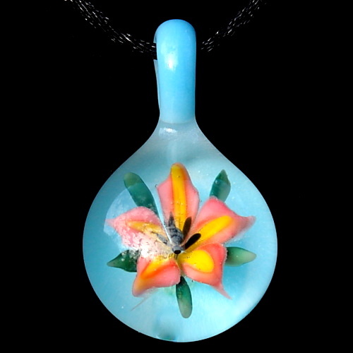 Pink and Yellow Lily over Light Blue Pendant