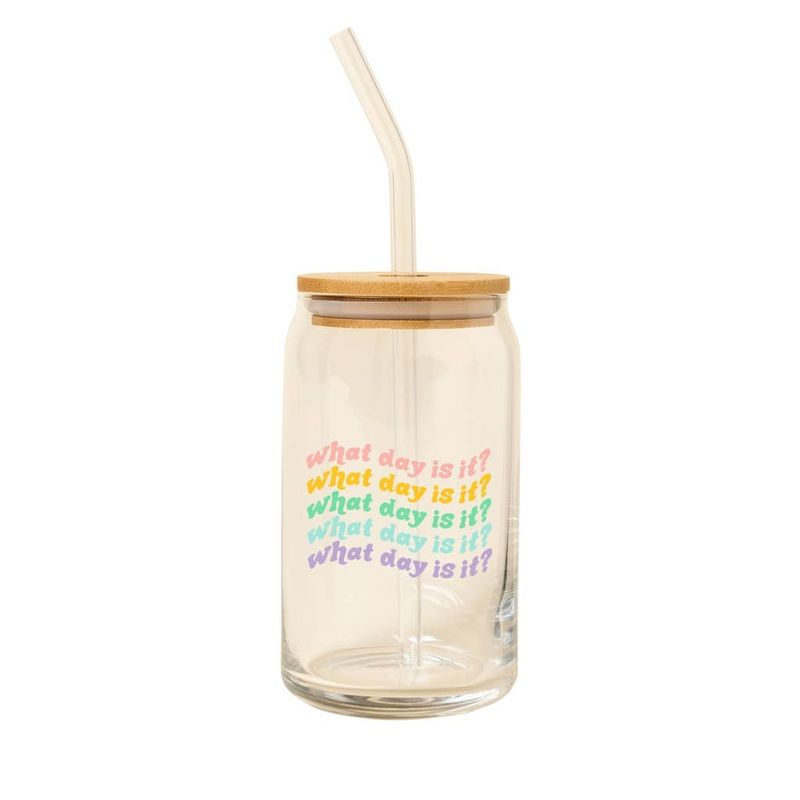 What Day Is It Can Glass w/Lid + Straw