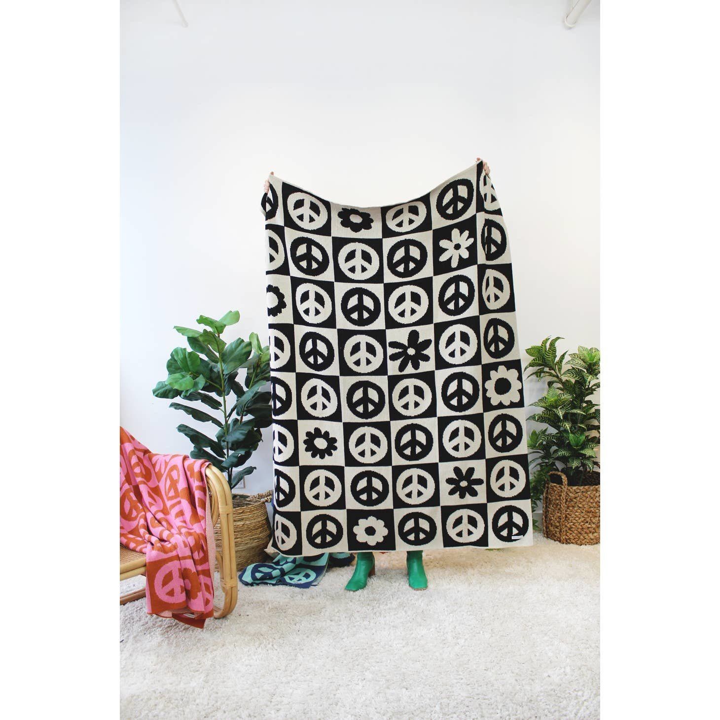 Peace Please Checkered Knit Throw Blanket with Flowers