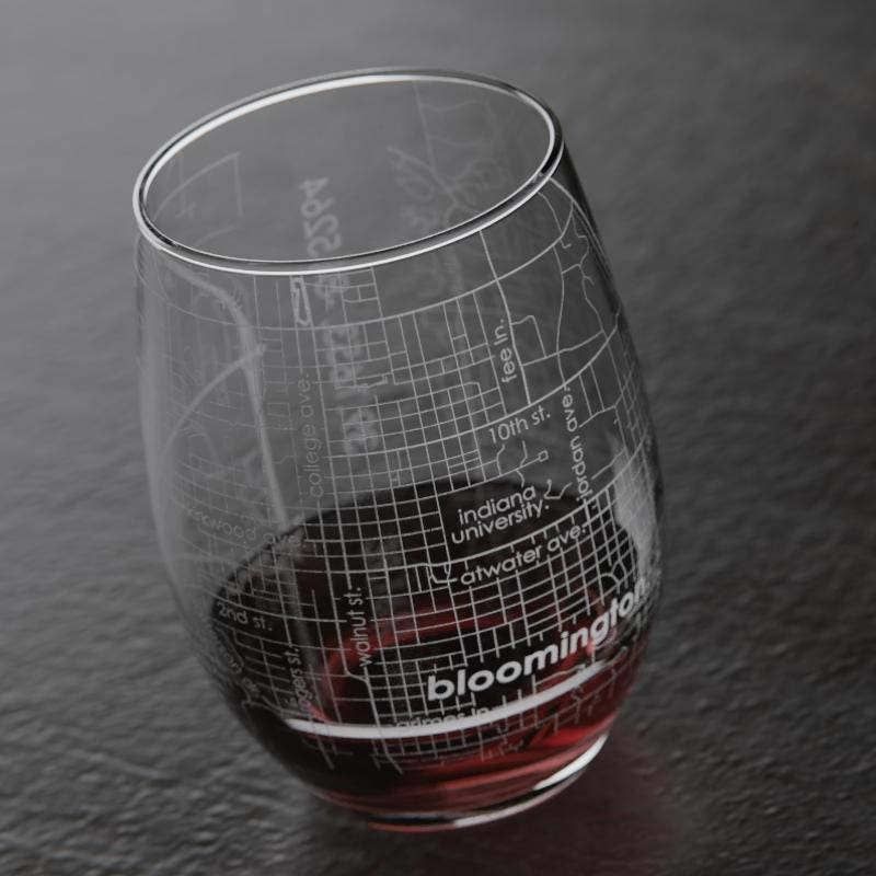 Bloomington IN Map Stemless Wine Glass