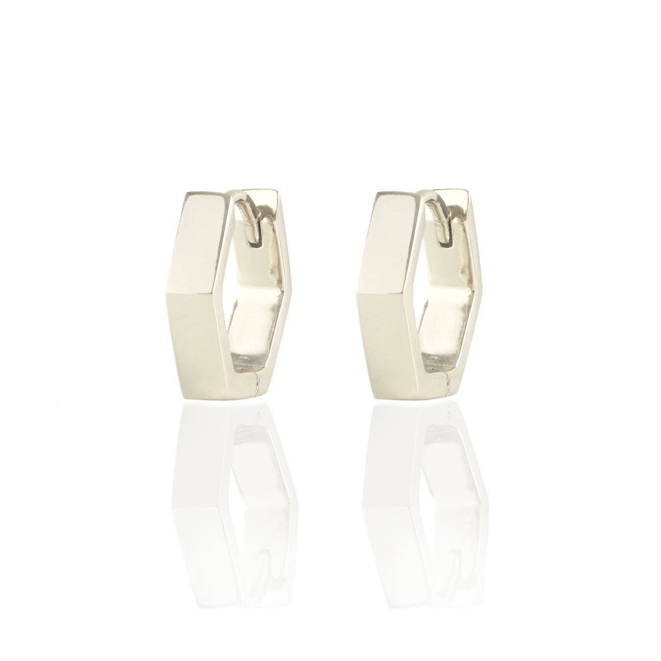 Hexagon Hinged Huggie Hoop Earrings Silver
