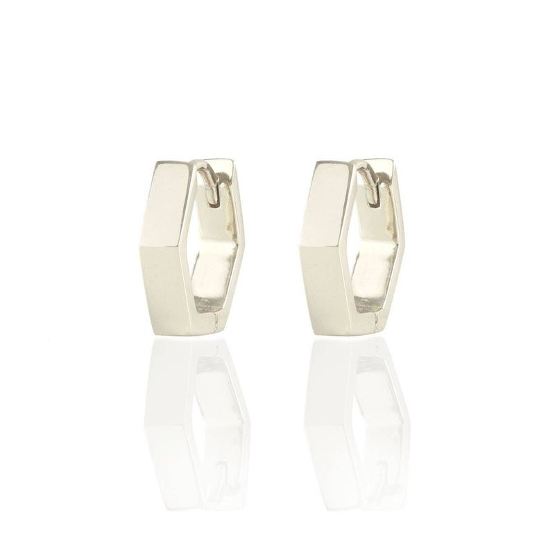 Hexagon Hinged Huggie Hoop Earrings Silver