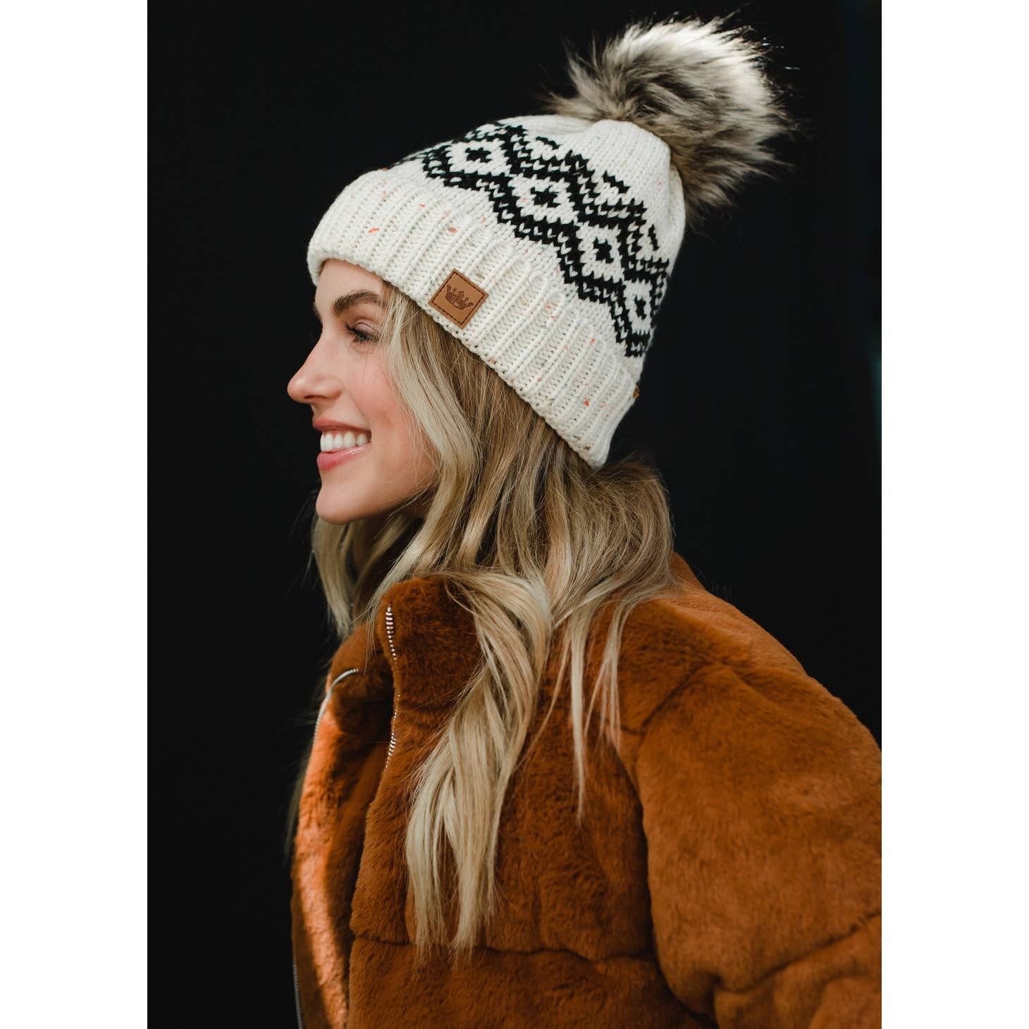 Cream &amp; Charcoal Speckled Pattern Pom Hat