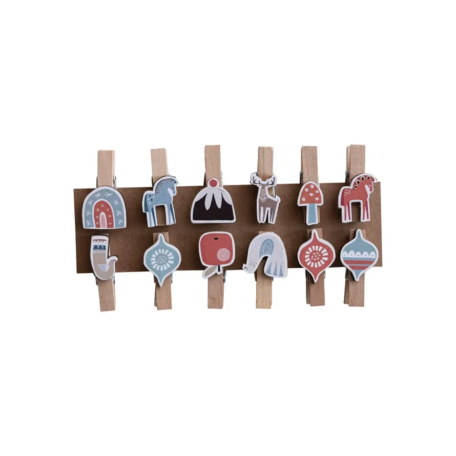 Wood &amp; Printed Paper Holiday Icons w/ Clips, Set of 12