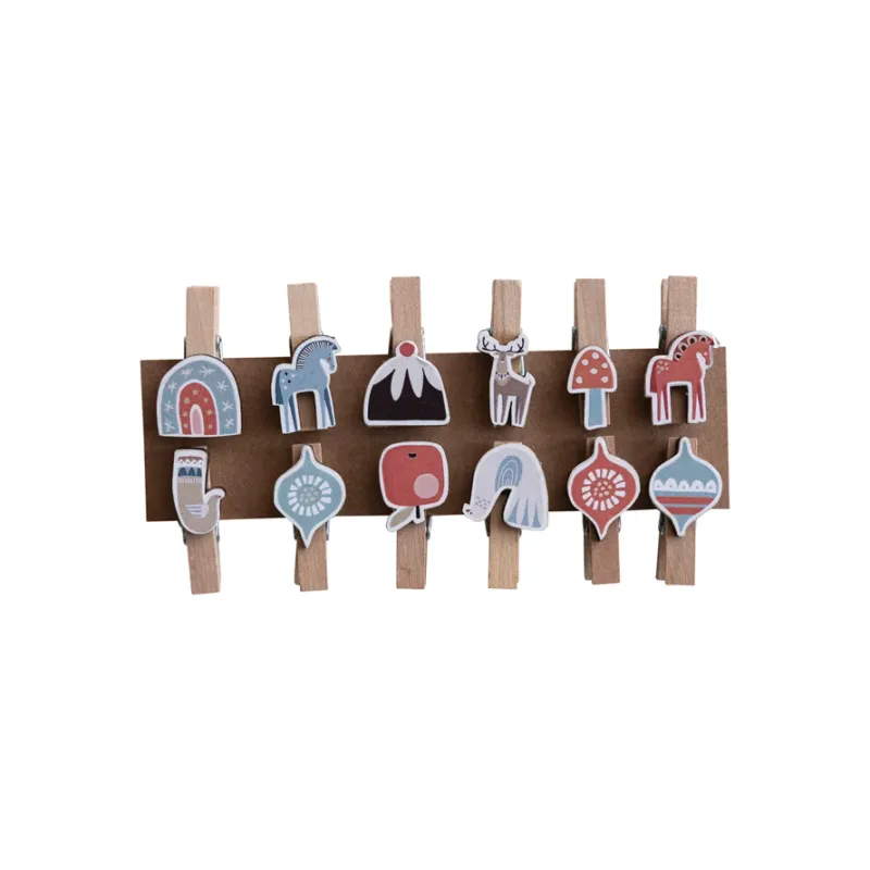 Wood &amp; Printed Paper Holiday Icons w/ Clips, Set of 12