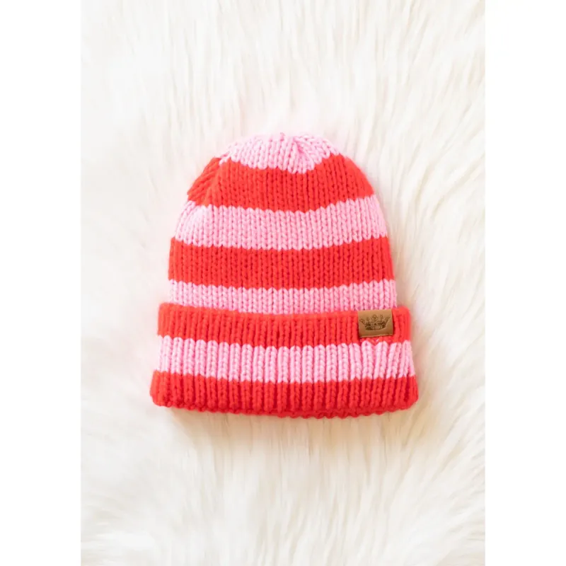 Red &amp; Blush Striped Knit Beanie