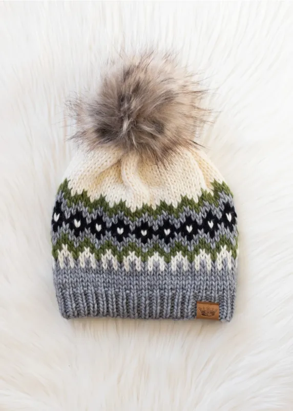Cream, Green, Black &amp; Gray Patterned Pom Hat