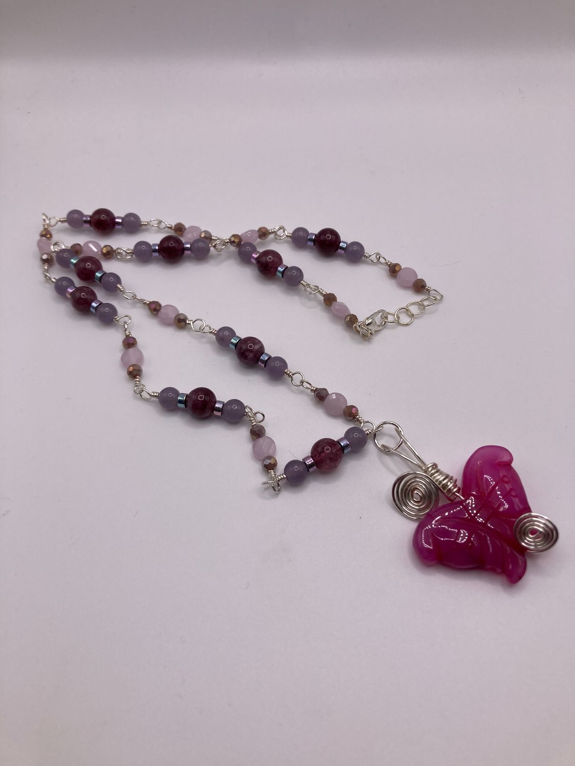 OTD Pink Granite Butterfly with Hematite, Amethyst, and Quartz in Silver Wire Necklace