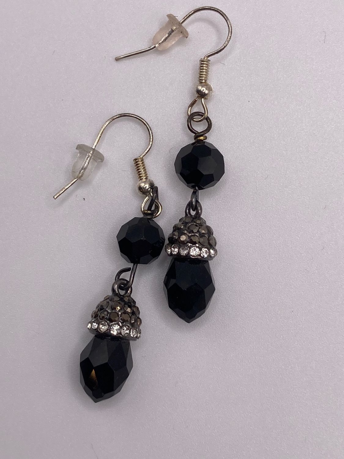 OTD Black Faceted Glass Beads with Gunmetal Findings with Rhinestone Earrings