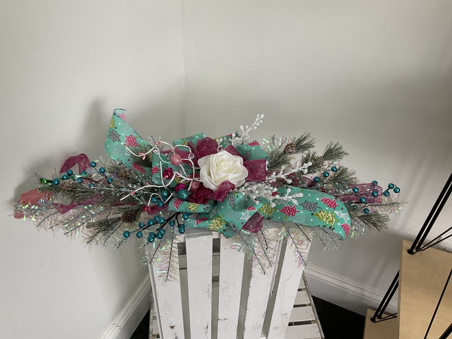 Swag White Iridescent 27 in-Teal and Pink Tree Ribbon/White Rose