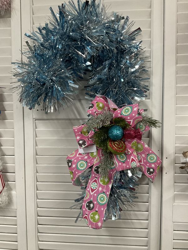 Wreath Candy Cane Blue Tinsel with Ornaments and Pink Ornament Ribbon