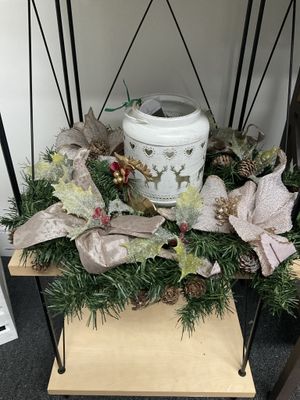 Centerpiece White Reindeer Lantern w/Pink Poinsettias and Ribbon