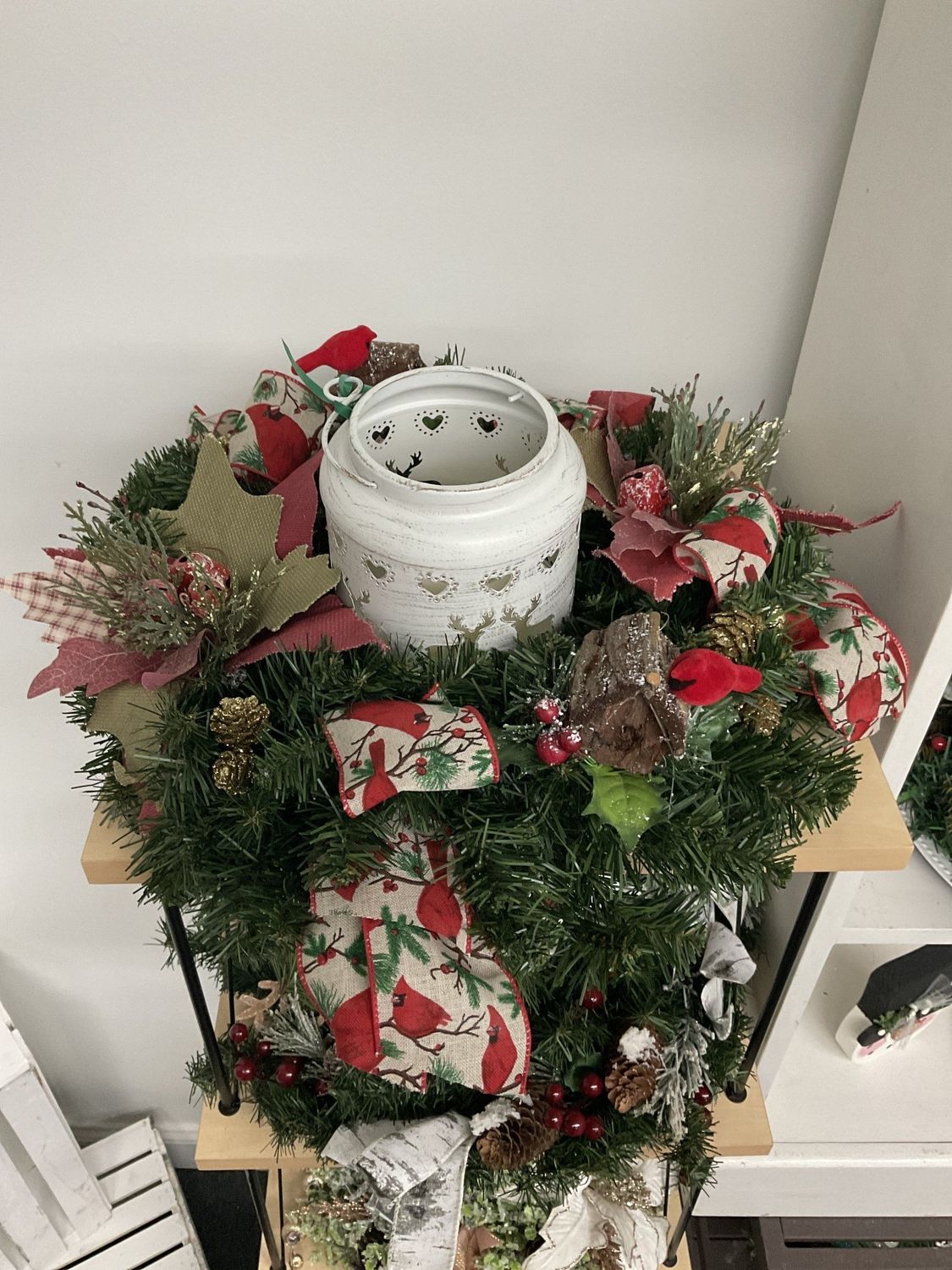 Centerpiece White Reindeer Lantern w/Greenery, Pinecones, Berries