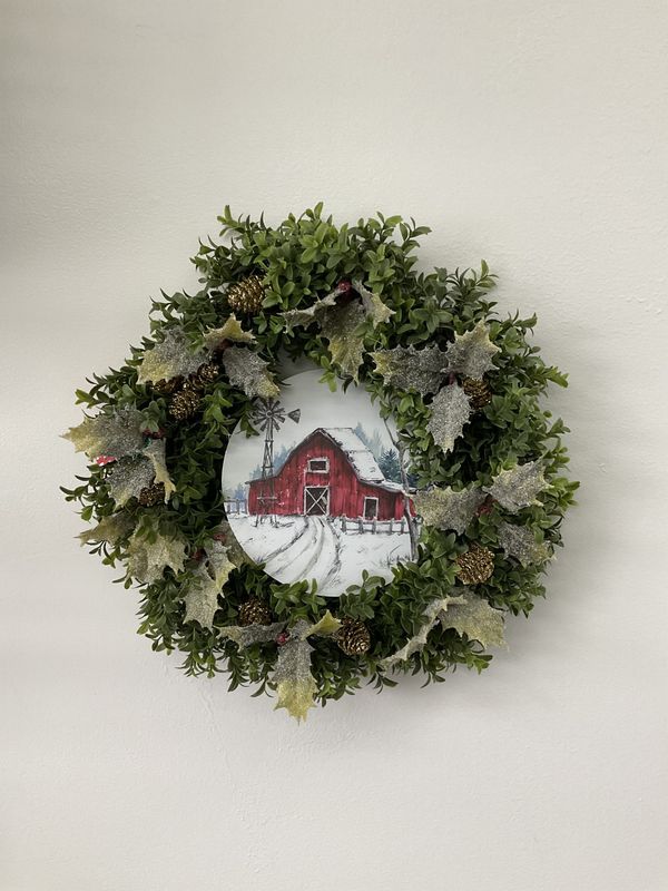 Wreath Boxwood Winter Farm w/Pinecones 16 inch