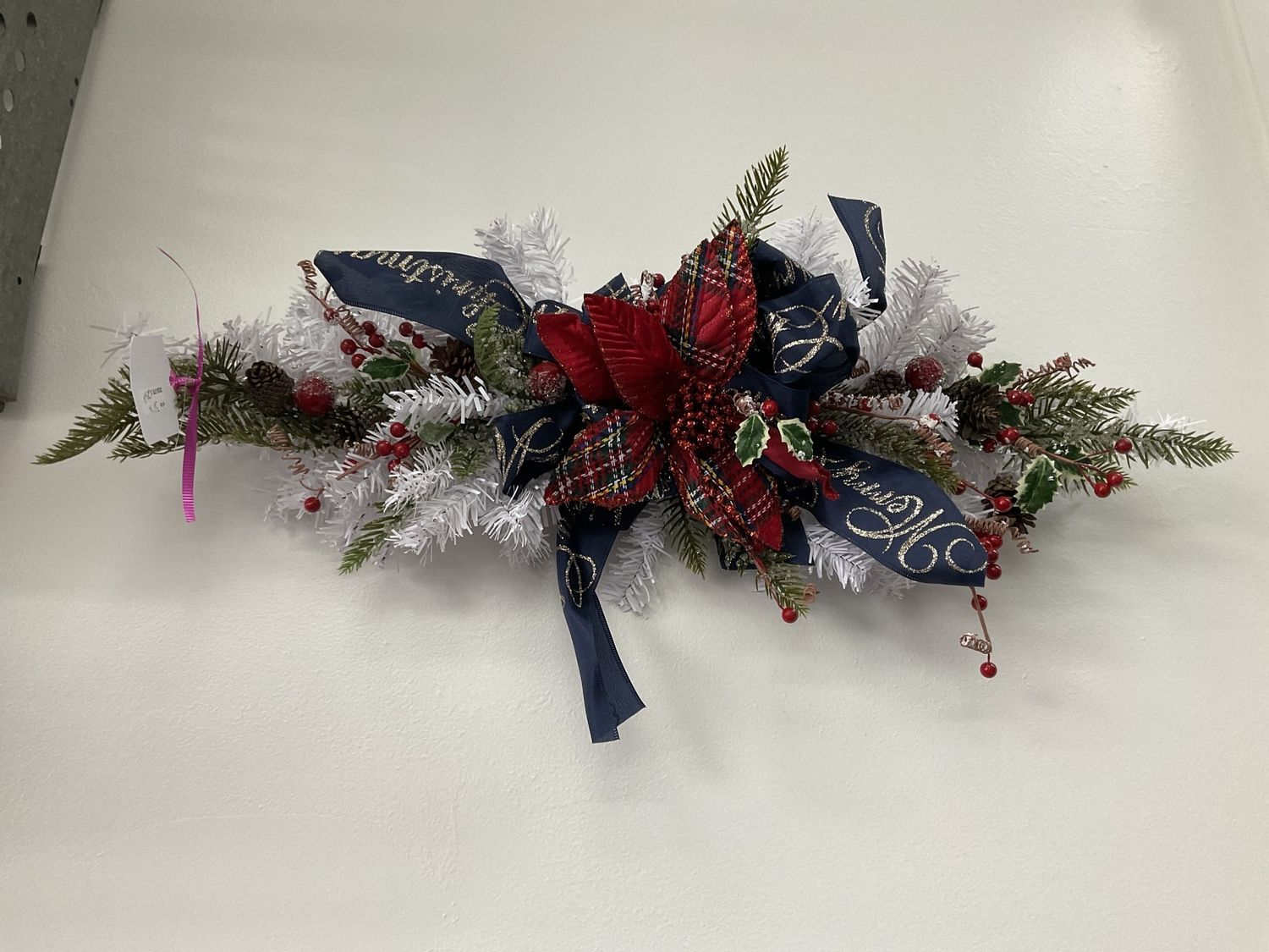 Swag White Evergreen 27 in-Red Plaid Poinsettia/Dark Blue Ribbon