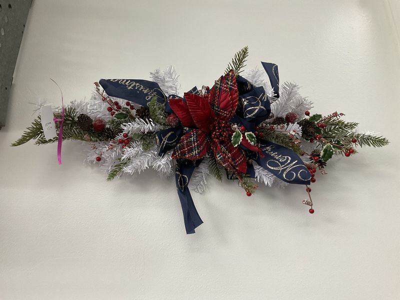 Swag White Evergreen 27 in-Red Plaid Poinsettia/Dark Blue Ribbon