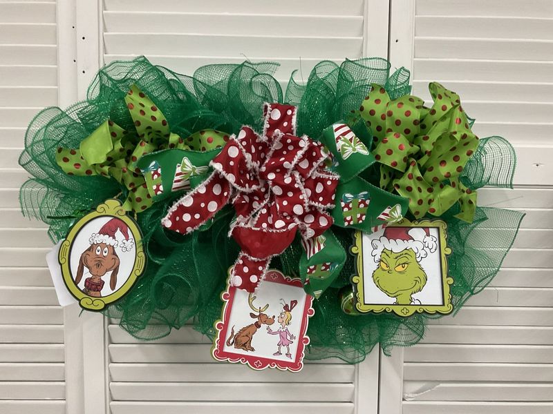 Wreath Mesh Green &quot;Grinch&quot; Theme with Red Dot Ribbon 28 inch