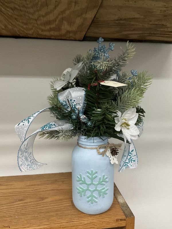 Centerpiece Blue Mason Jar Holiday Arrangement