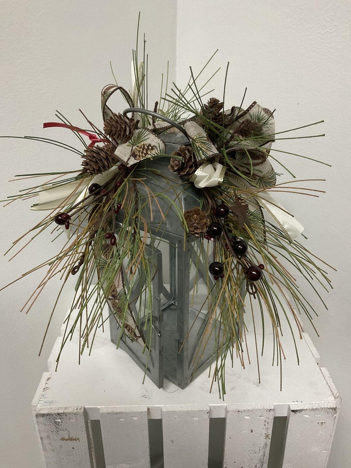 Lantern Silver w/ Greens, Berries, Pinecones w/Pinecone Ribbon