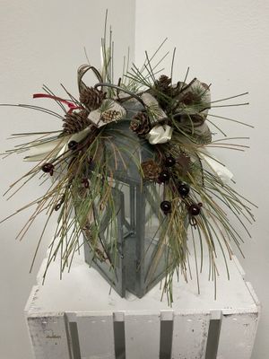 Lantern Silver w/ Greens, Berries, Pinecones w/Pinecone Ribbon