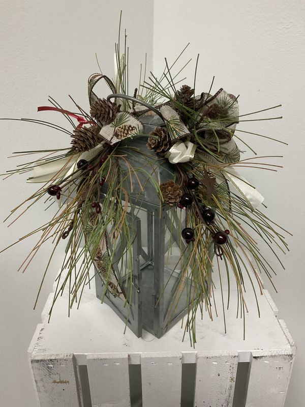 Lantern Silver w/ Greens, Berries, Pinecones w/Pinecone Ribbon