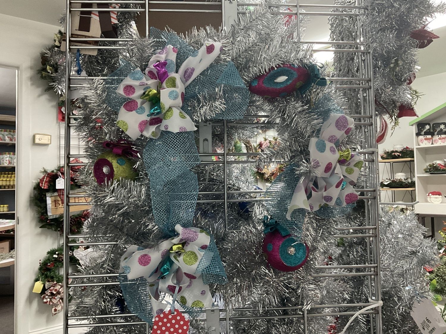 Wreath Silver Tinsel with Ornaments and Multi Color Polka Dot Ribbon 20 inches