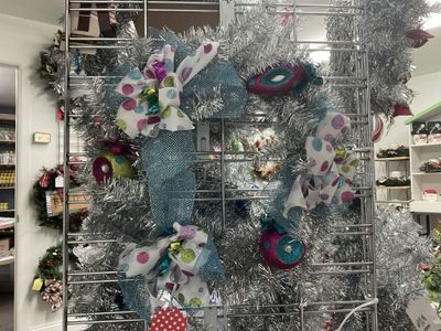 Wreath Silver Tinsel with Ornaments and Multi Color Polka Dot Ribbon 20 inches